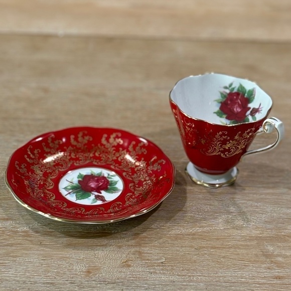 Vintage 50s Royal Standard Red Cabbage Rose Teacup Saucer Plate Set , Bone China - Picture 1 of 10